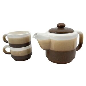 Vintage Teapot and Two Stackable Mugs Set Earth Tones Made in Japan